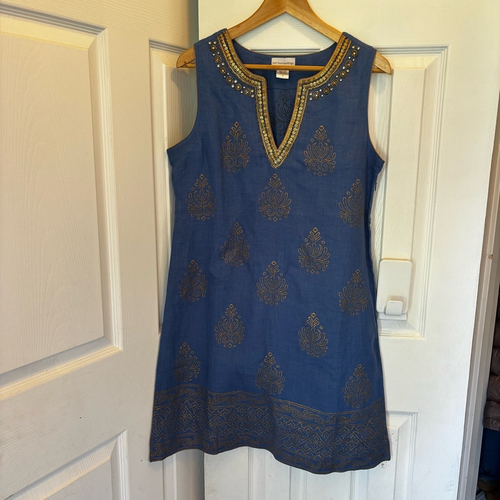 Soft Surroundings Linen Blue Dress Gold Bead Size S Euro Summer Boho Preppy
